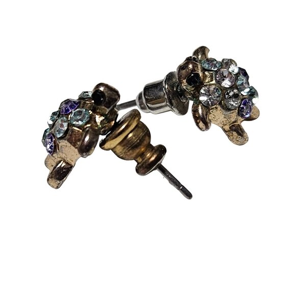 Gem Turtle Gold Tone Stud Earrings Purple Blue Clear Rhinestone Tortoise Jewelry - Picture 2 of 6